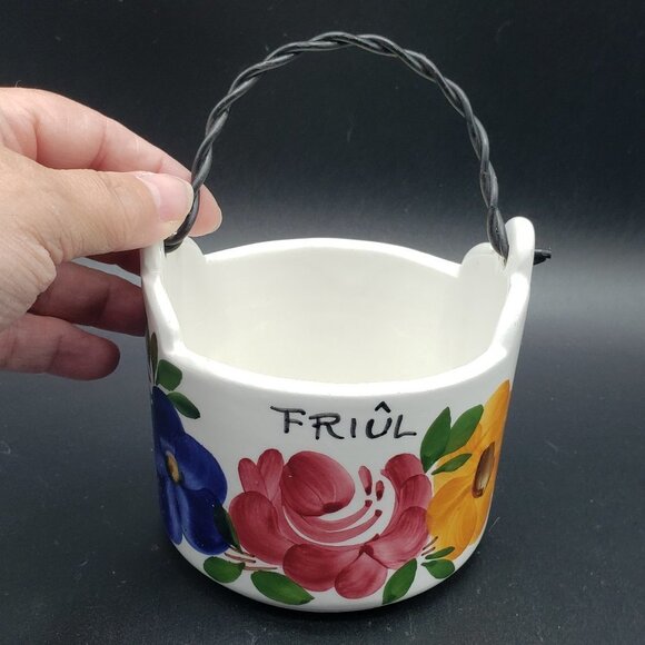 Italian Decorato A Mano Zoppola Friûl Floral Ceramic Metal Handle Basket Planter - Picture 9 of 9